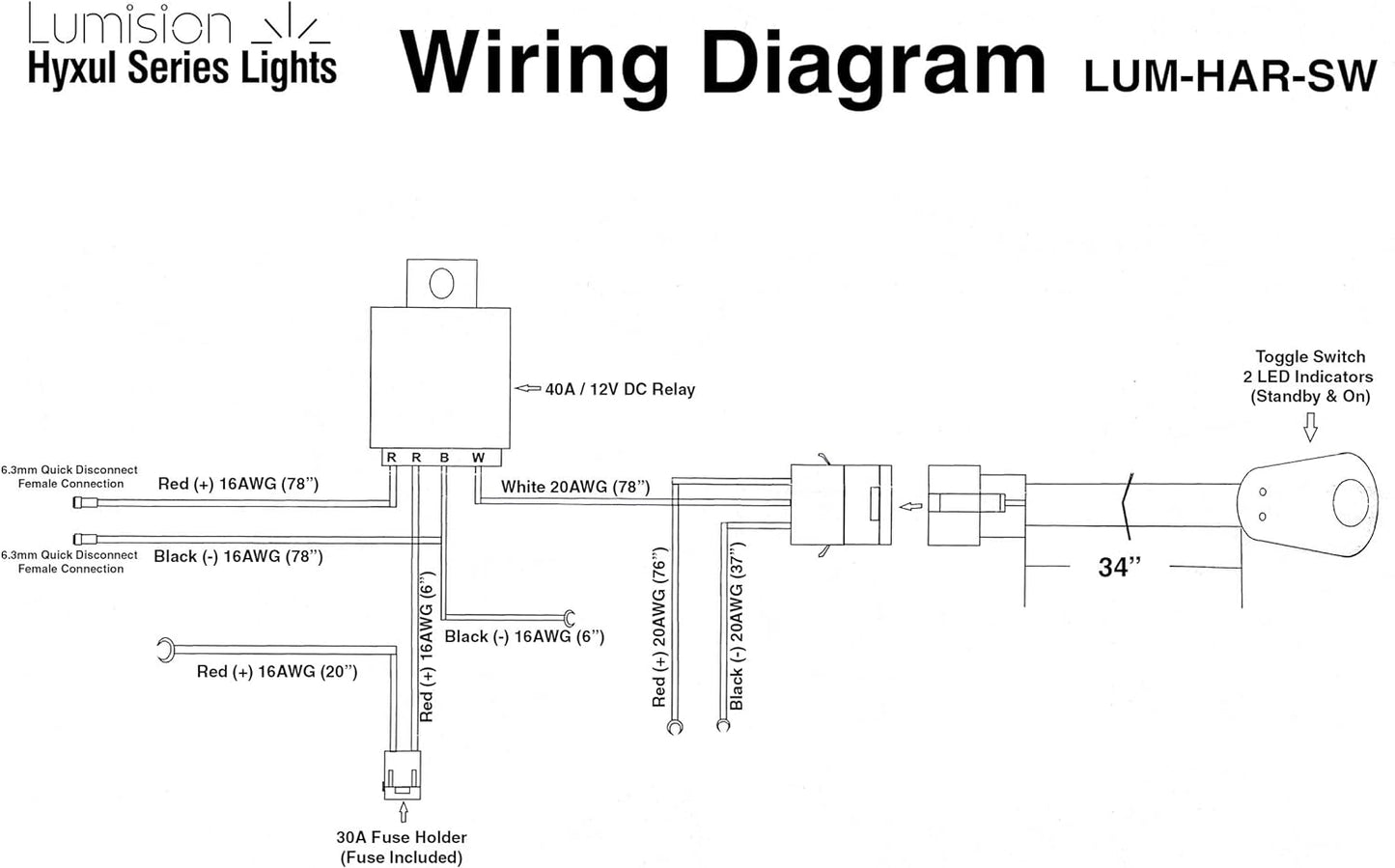 Lumision Wiring Harness Kit 12V DC 40A Relay ON/OFF Switch LED Work Light Bar