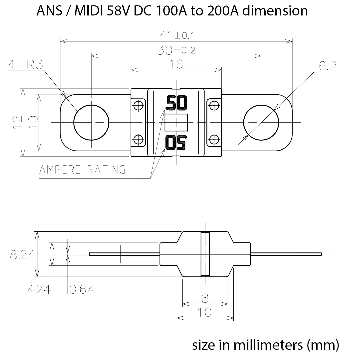 Premium 58V DC ANS MIDI Fuse 100 amp 58VDC 6mm Bolt On