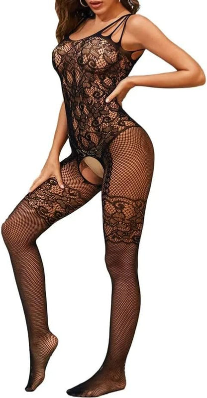 Lumision Women Lingerie Fishnet Bodystocking Nylon Sexy Open Crotch Full Body Suit One Size Black