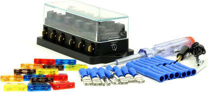 Lumision 4/6/10 Way Port Fuse Block Kit Ready to Install for Automotive Car Boat Marine includes 1/4 inch quick disconnect female 14-16AWG x 10, 16AWG Butt Connectors x 10, 12V-24V DC Long Probe Continuity Test Light x 1, ATO ATC APR Fuses x 10