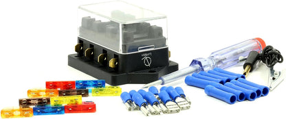 Lumision 4/6/10 Way Port Fuse Block Kit Ready to Install for Automotive Car Boat Marine includes 1/4 inch quick disconnect female 14-16AWG x 10, 16AWG Butt Connectors x 10, 12V-24V DC Long Probe Continuity Test Light x 1, ATO ATC APR Fuses x 10
